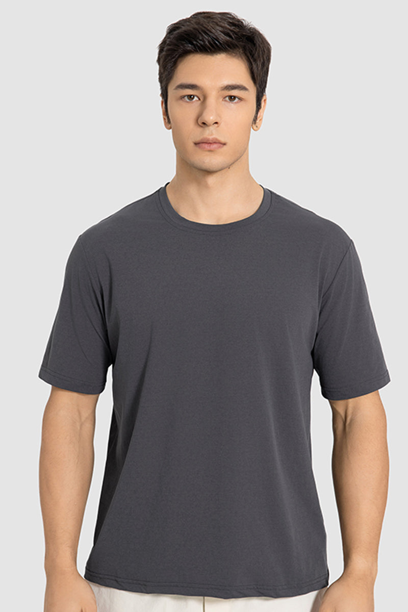Men Casual Short Sleeve Quick-Dry Breathable Elastic Fitness Running Round-Neck Solid Color T-Shirt