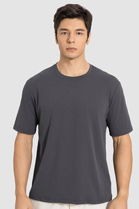 Men Casual Short Sleeve Quick-Dry Breathable Elastic Fitness Running Round-Neck Solid Color T-Shirt