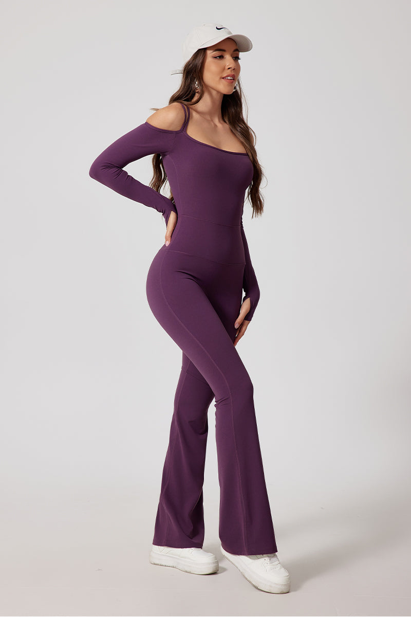 Women'S Off-The-Shoulder Double-Strap One-Piece Long-Sleeved Flared Pants Bodysuit
