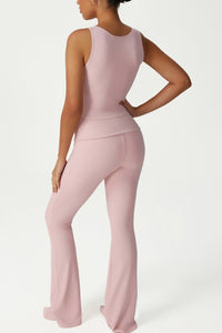 High-stretch tops folded high-waisted flared pants 2-piece set