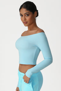 Women Off-Shoulder High-Stretch Yoga Fitness Long Sleeve Top