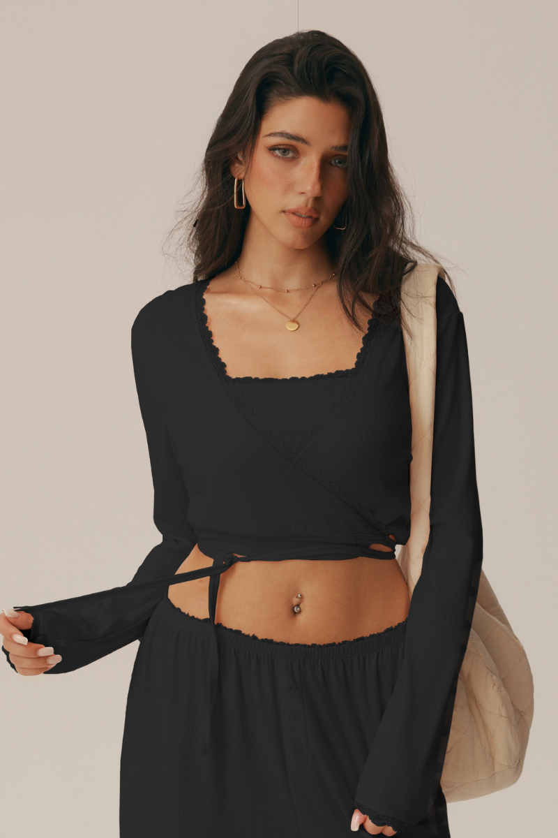 Women's V Neck Lace Trim Wrap Tie Cropped Long Sleeve Pilates Top