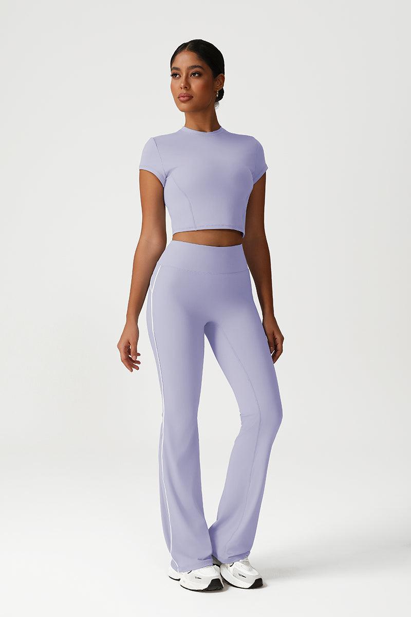 Women Seamless High Waisted Flared Yoga Set: Cropped T-Shirt + Flared Leggings