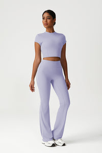 Women Seamless High Waisted Flared Yoga Set: Cropped T-Shirt + Flared Leggings