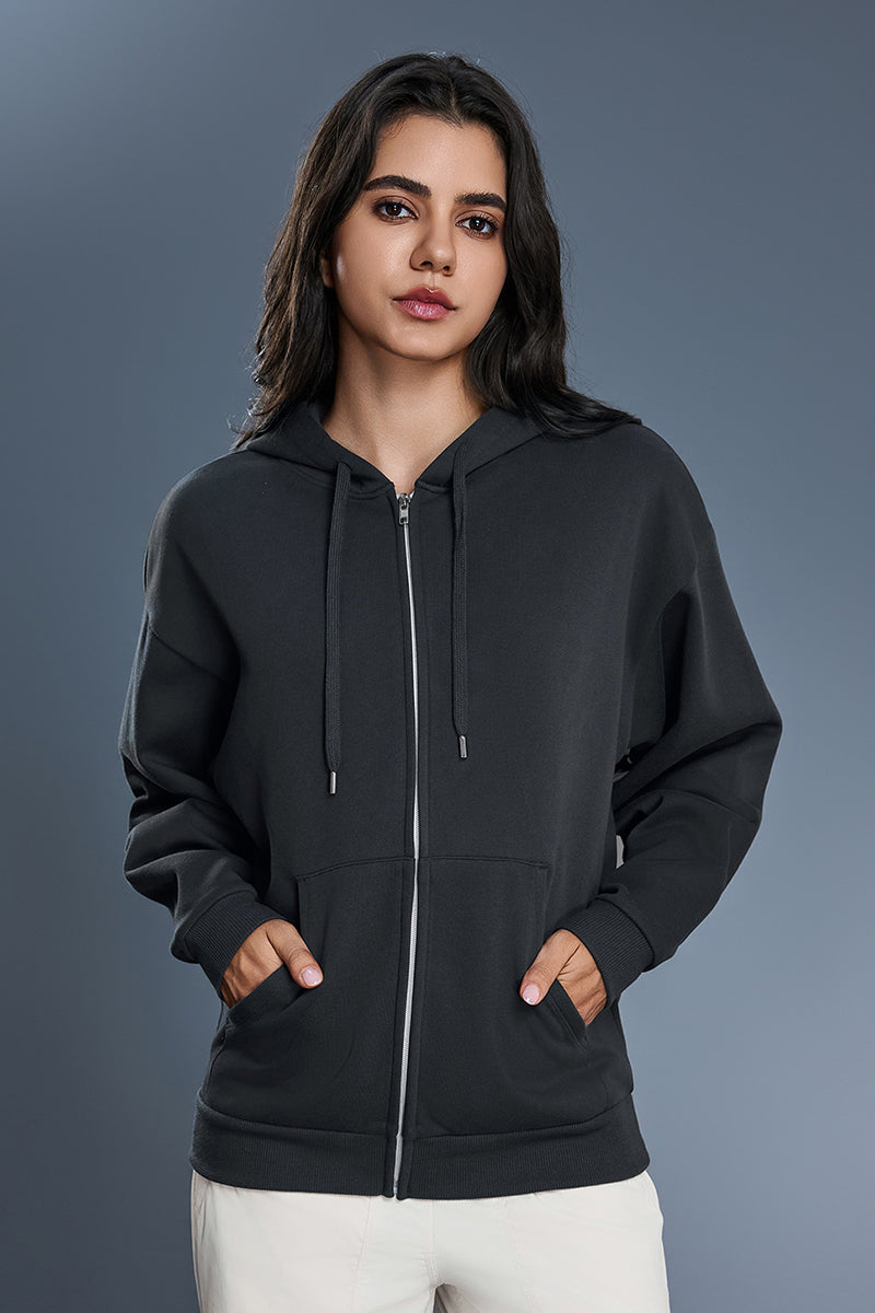 Women Fleece Hooded Windproof Loose Casual Zip Jacket