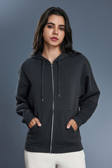 Women Fleece Hooded Windproof Loose Casual Zip Jacket