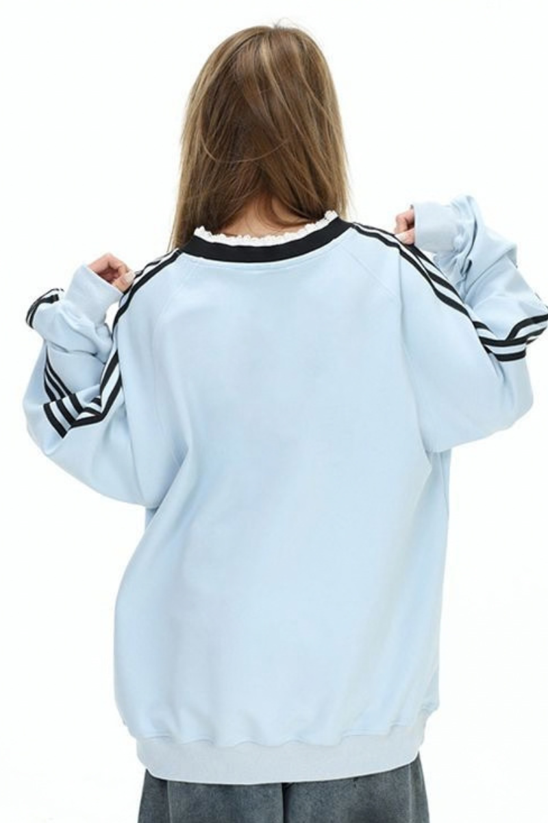 Women's Fall V Neck Lace Spliced Loose StripesThin Pullover