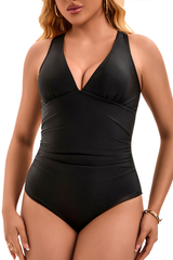 Women's V-Neck Cross Back Pleated Fitted Solid Swimsuit