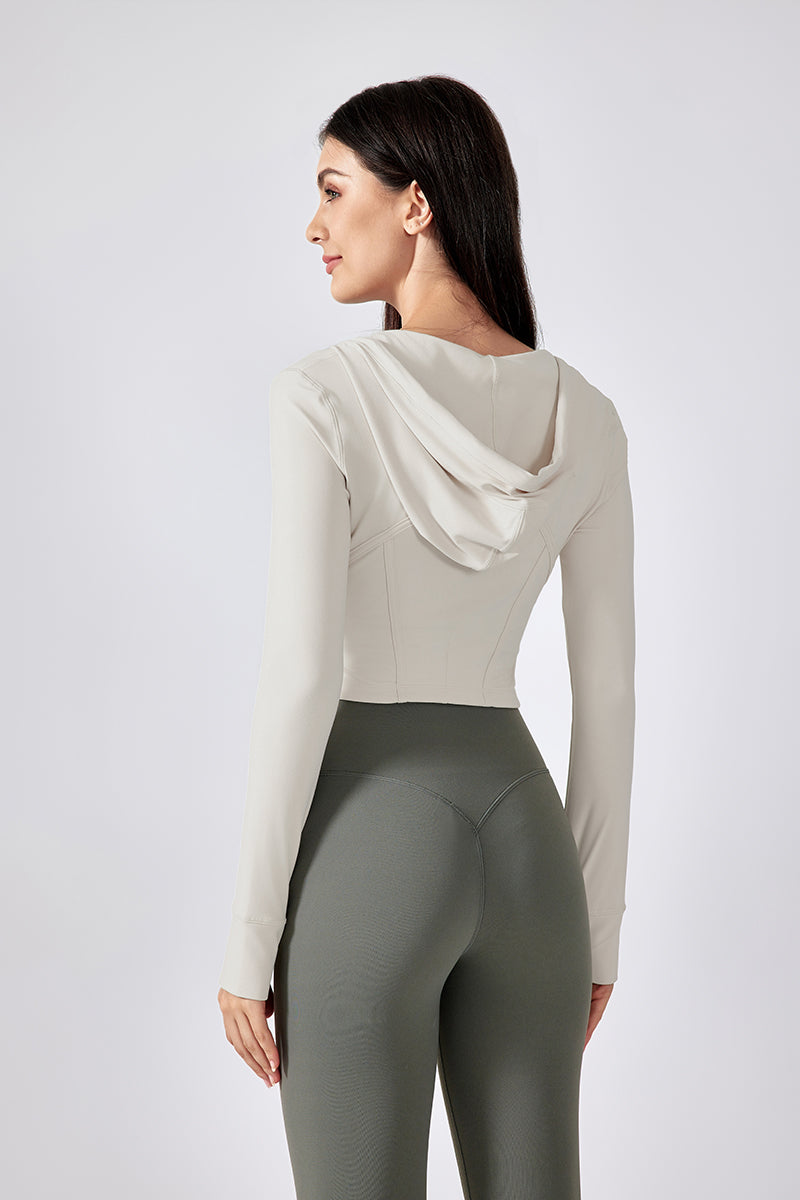 Women Hooded Drawstring Short Slim Outdoor Sports Fitness Yoga Jacket