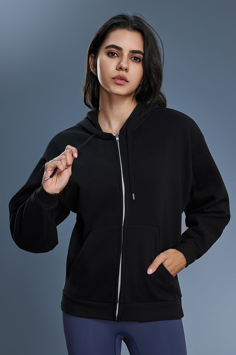 Women Fleece Hooded Windproof Loose Casual Zip Jacket