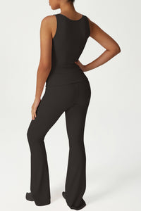 High-stretch tops folded high-waisted flared pants 2-piece set