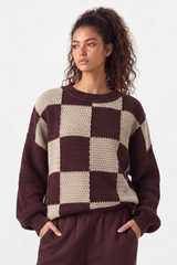 Women's Loungewear Contrast Checkerboard Loose Knit Sweater