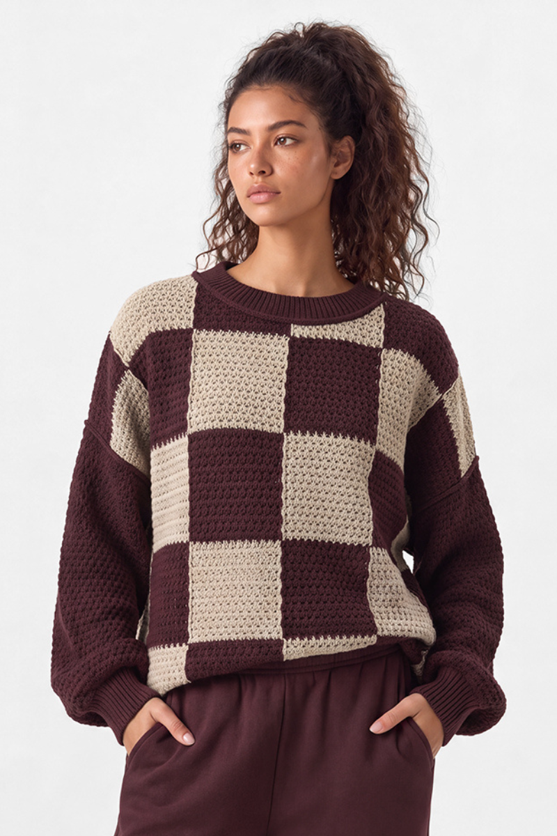 Women's Loungewear Contrast Checkerboard Loose Knit Sweater