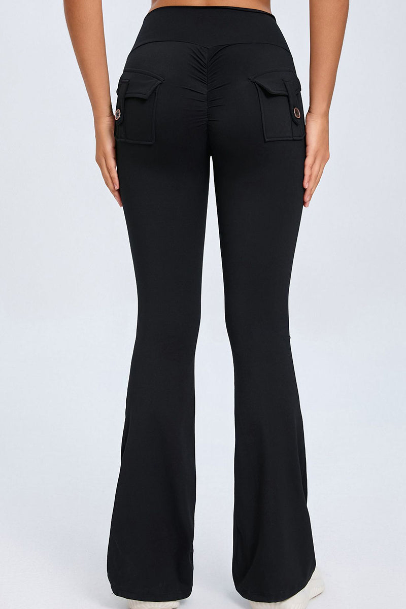 Women Button High Waist Wide Leg Peach Lift Hip Micro Pants Fitness Sports Quick Dry Yoga Pants