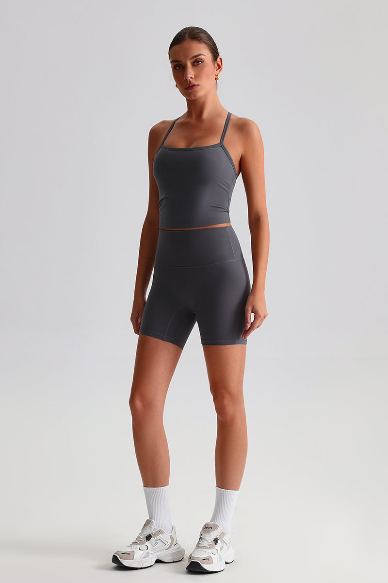 Women High-Waisted Peach Booty Yoga Set: Seamless Crotch Shorts + Y-Back Sports Bra
