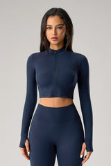 Women Tight-Fit Cropped Zip-Up Sculpting Running Yoga Long-Sleeve Jacket