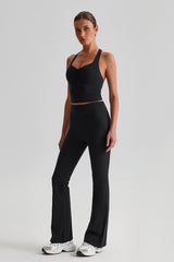 Women Cross Back Yoga Set: High Waisted No Pleat Seam Micro Wide Leggings + Pleated Crossover Camisole Bra