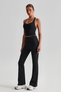 Women Cross Back Yoga Set: High Waisted No Pleat Seam Micro Wide Leggings + Pleated Crossover Camisole Bra
