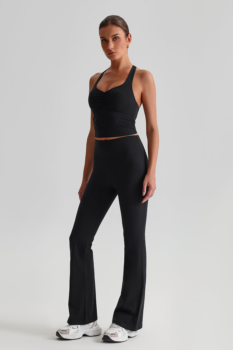 Women Cross Back Yoga Set: High Waisted No Pleat Seam Micro Wide Leggings + Pleated Crossover Camisole Bra