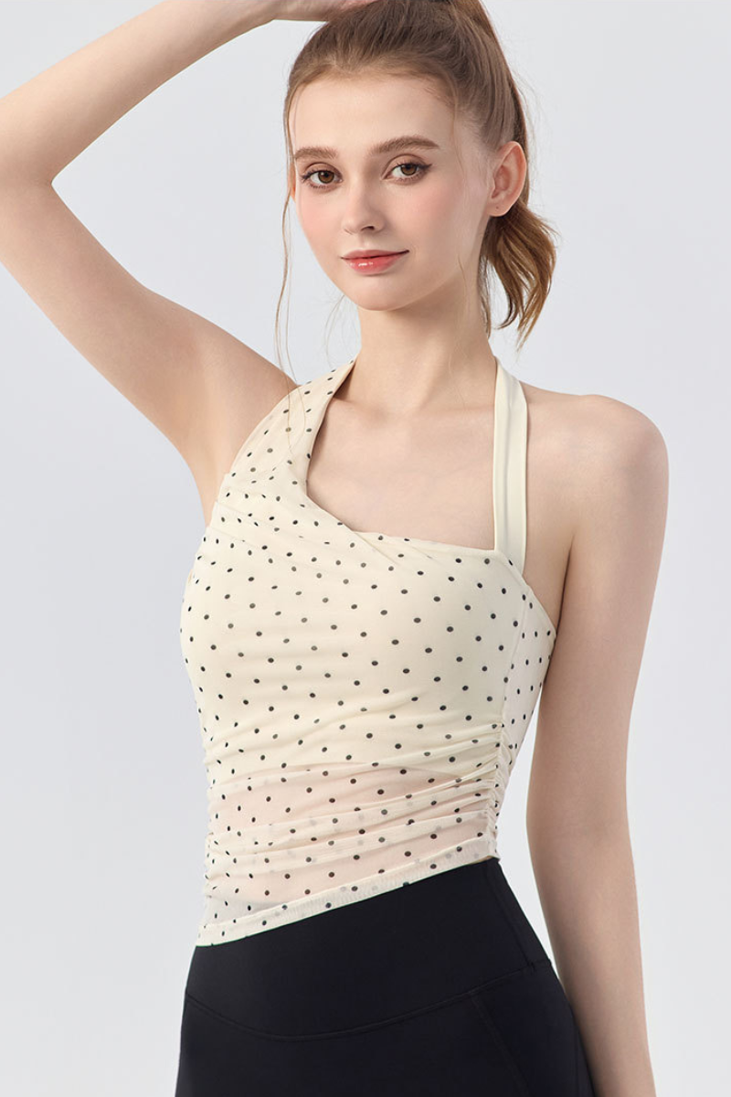 Women's Polka Dot Asymmetric Halter Mesh Padded Yoga Tank Top