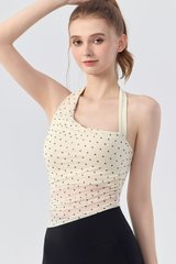 Women's Polka Dot Asymmetric Halter Mesh Padded Yoga Tank Top