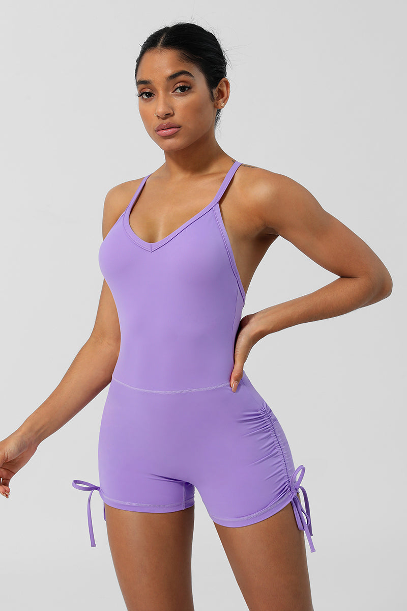 Women Criss Cross Back Drawstring Sport Jumpsuit