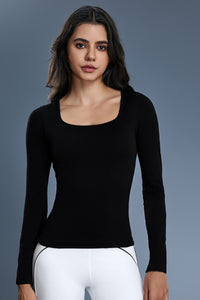 Women Square-Neck Built-in Bra Slim-Fit Workout Long Sleeves