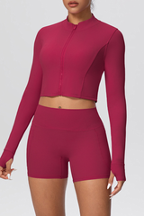 Women's Two Piece Set:Stand Collar Cropped Jacket And Shorts