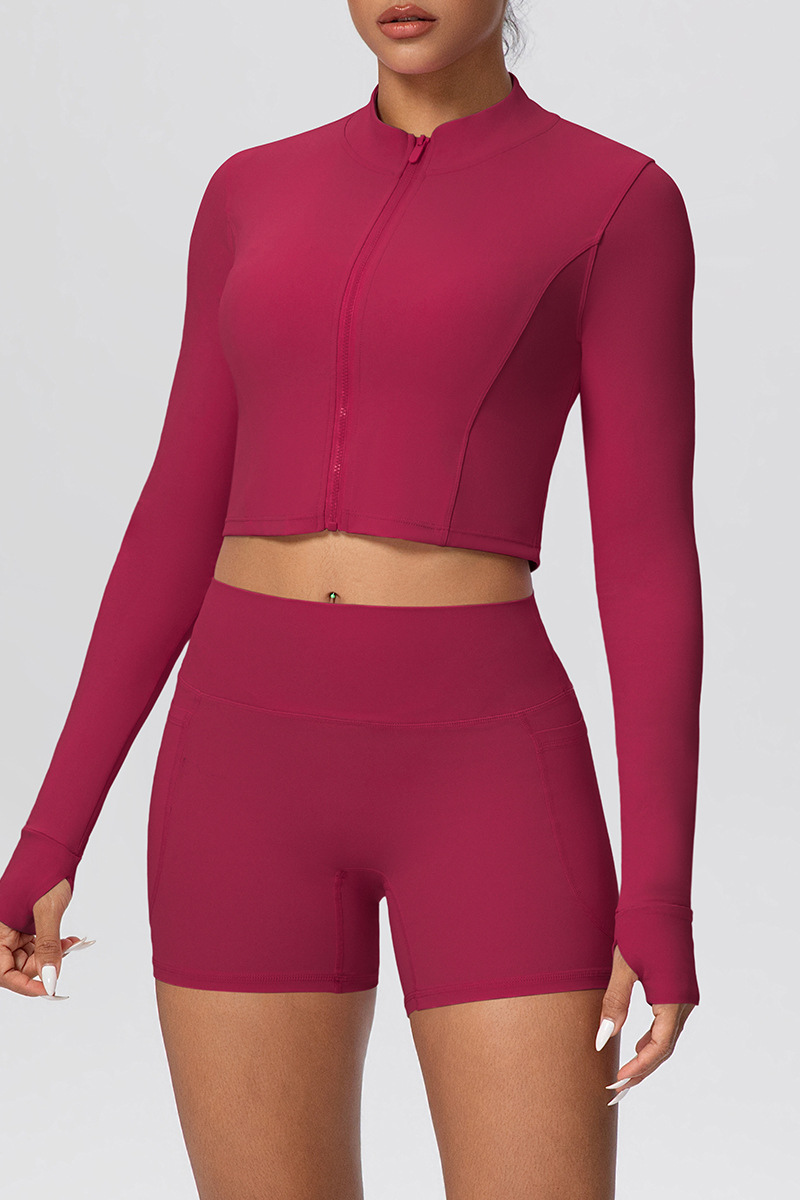 Women's Two Piece Set:Stand Collar Cropped Jacket And Shorts