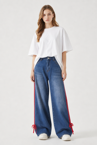Women's High Waist Wide Leg Jeans with Red Side Stripe