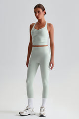 Women Brushed High Waisted Yoga Set: Tummy Control Tights + Halter Neck Support Bra