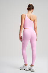 Women Single Shoulder Quick Dry Waist Shaping Yoga Set: Short Sleeve Bra + Leggings