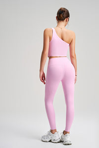 Women Single Shoulder Quick Dry Waist Shaping Yoga Set: Short Sleeve Bra + Leggings