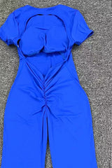 Women Short Sleeve Big Backless One Piece Flare Tight Nude Outfit Fitness Sports Yoga Bodysuit