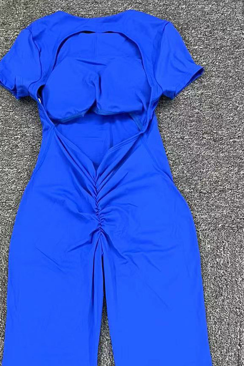 Women Short Sleeve Big Backless One Piece Flare Tight Nude Outfit Fitness Sports Yoga Bodysuit