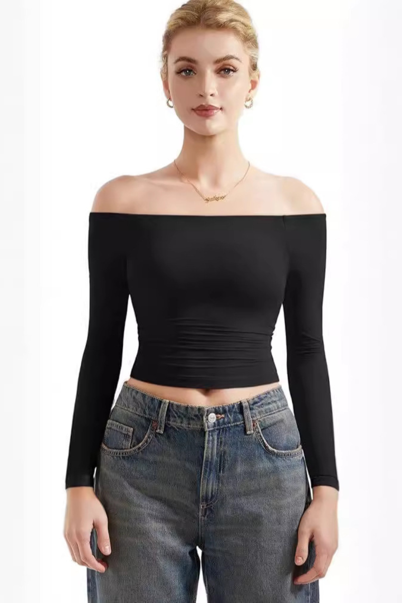 Women's Off-Shoulder Slim Fit Cropped Long-Sleeve Top