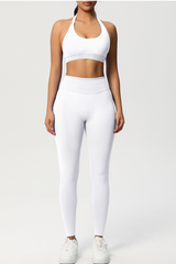Women Seamless Knit Yoga Set: Halter Back Sports Bra + Sculpting Leggings