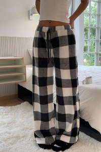 Women's Winter Plaid Coral Fleece Drawstring Wide Leg Pants