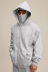 Hooded zip-up sweatshirt.