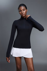 Women Stand Collar Half Zip Slim Fit Workout Long Sleeve Top