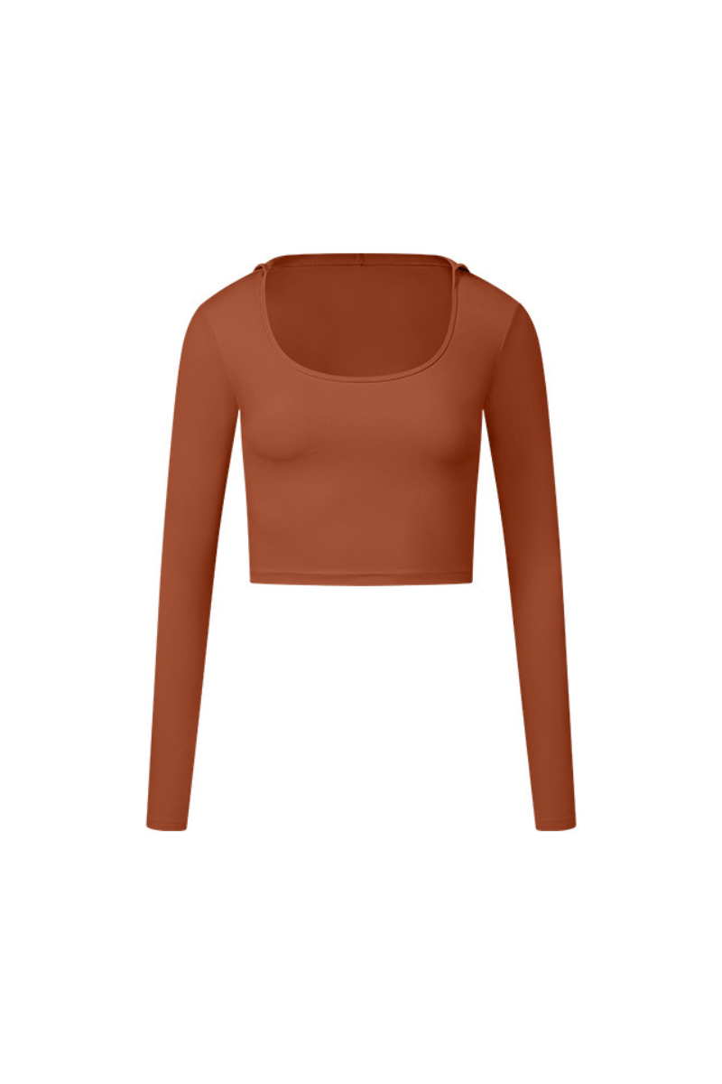 U-Neck Hooded Long-Sleeve Top with Naked Feel Fabric
