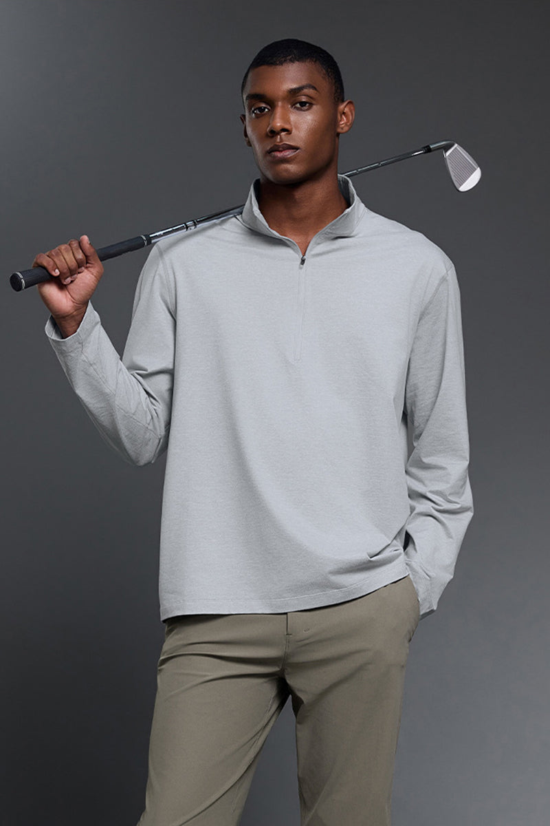 Men Half-Zip Stand Collar Breathable Loose Long Sleeve T-Shirt