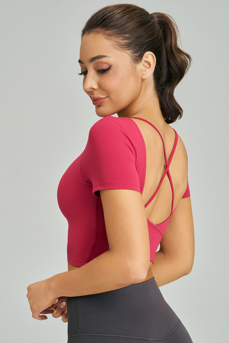 Women's Summer Cross-Back Cropped Slim Solid Yoga T-shirt