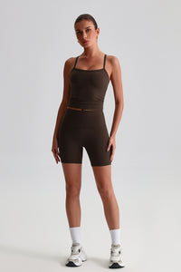 Women High-Waisted Peach Booty Yoga Set: Seamless Crotch Shorts + Y-Back Sports Bra