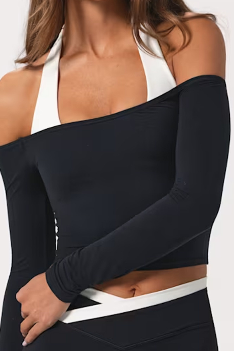 Women's Halter Off-Shoulder Brushed Long Sleeve Cropped Top