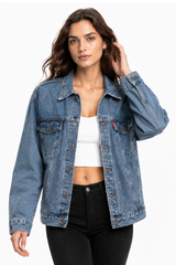 Women's Classic Blue Relaxed Denim Jacket with Red Tag