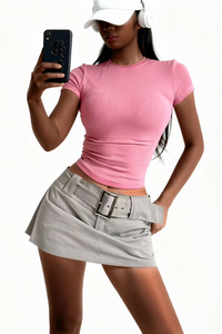 Women's slim round neck solid color short sleeves