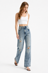 Women's High Waist Distressed Ripped Wide Leg Jeans