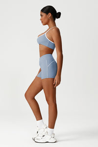 Women Seamless High Waisted Workout Set: Cross Back Sports Bra + Peach Lifting Shorts