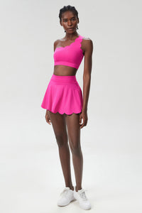 Women Wave Scoop-Neck Seamless Plus Size Tennis Set - Quick-Dry One-Shoulder Bra & Ruffle Hem Skirt